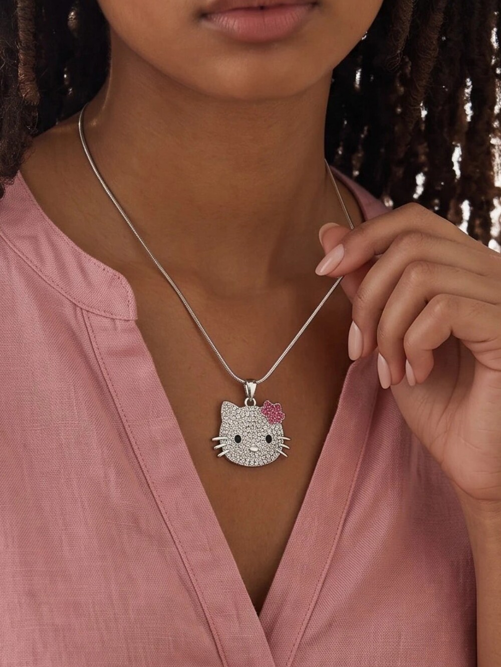 Hello Kitty Pavé Pendant Necklace in Silver and Pink